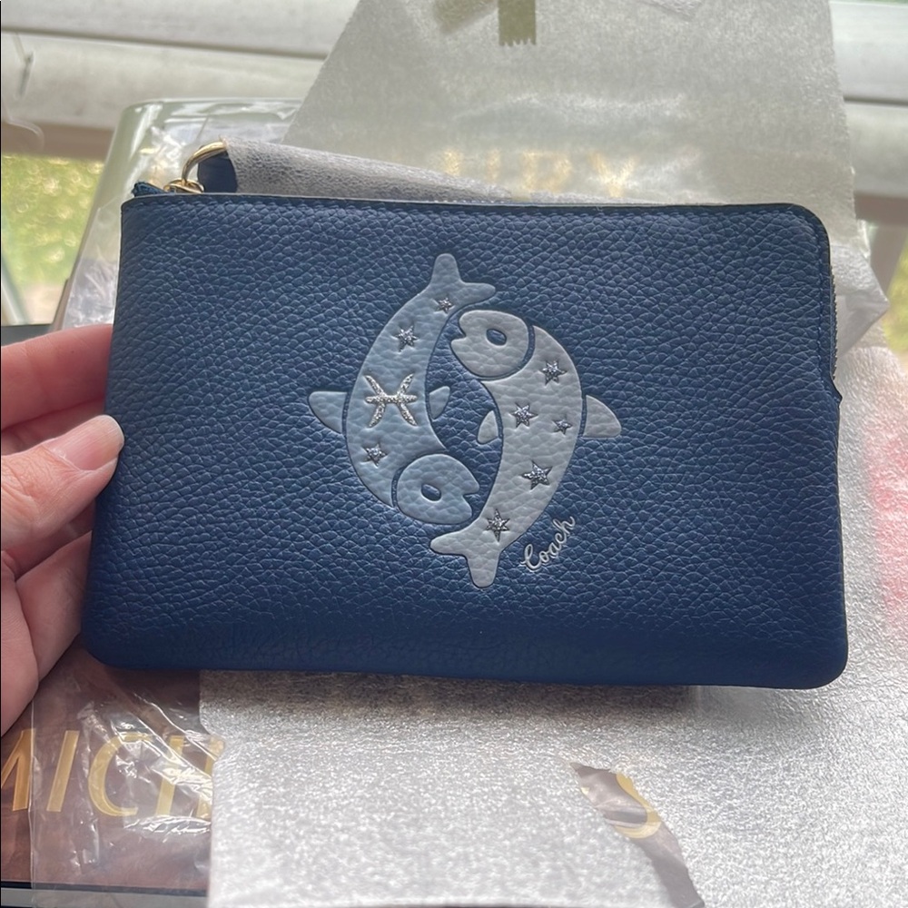 Coach Dark Blue Leather Wristlet with Fish Design